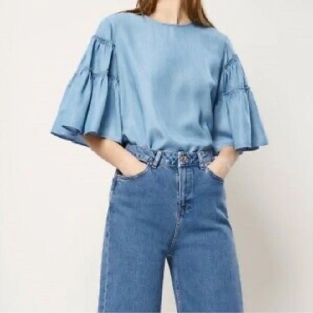J Jill Denim Top Women XS Petite Blue Chambray Ruffle Bell Coastal Boho Western